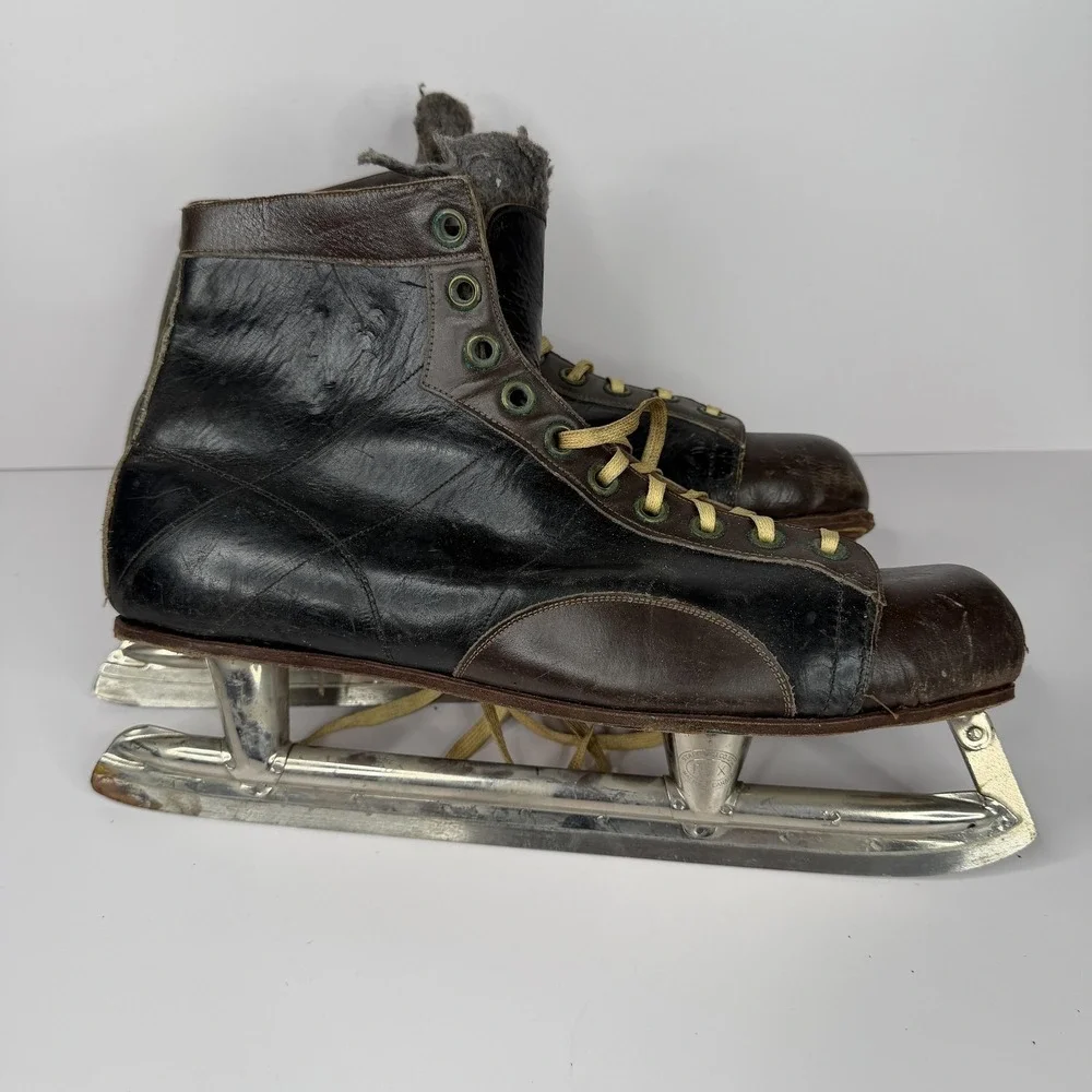 Vintage Starr Mfg REX Ice Skates Size 7.5 Black Brown Leather Canada Senior‎